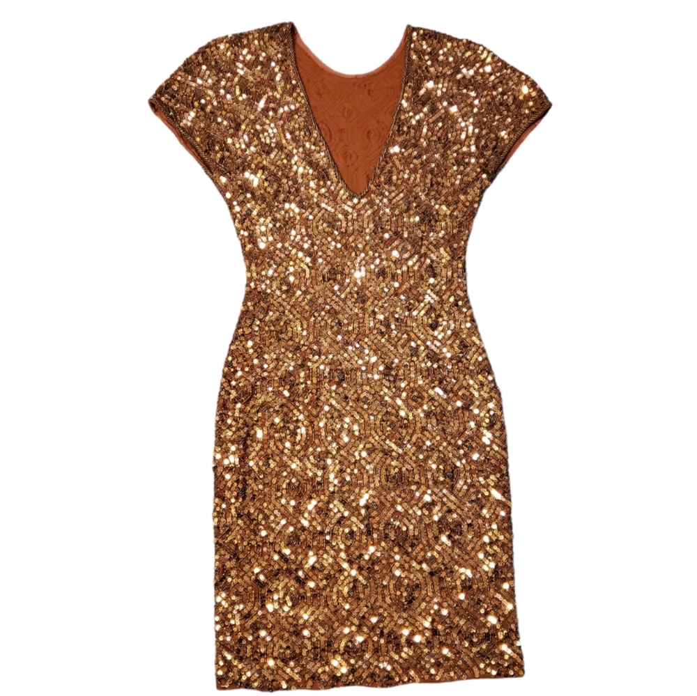 Carmen Marc Valvo Vintage Copper Sequin Sheath Dress - Picture 5 of 9